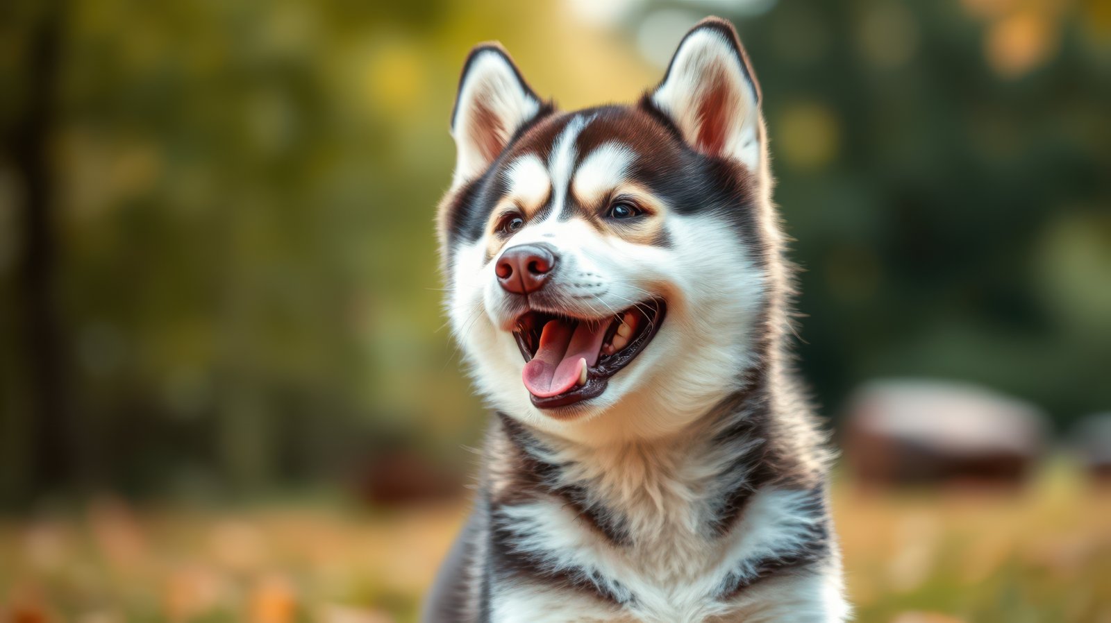 Happy Siberian Husky enjoys a sunny day in the park surrounded by vibrant foliage